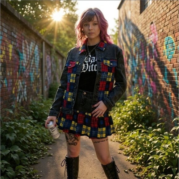 Delia*s “In This Moment” Denim Jacket & Skirt Set w/ Plaid Patchwork – Rebellion - Picture 6 of 12